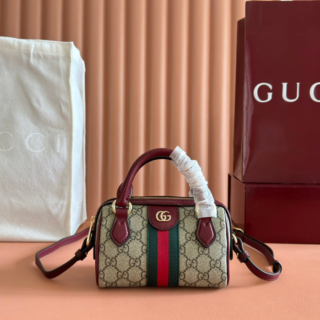 GUCCI 25S OPHIDIA MINI BOSTON TASCHE 16 AUS BEIGEM CANVAS UND ROSSO ANCORA KALBSLEDER