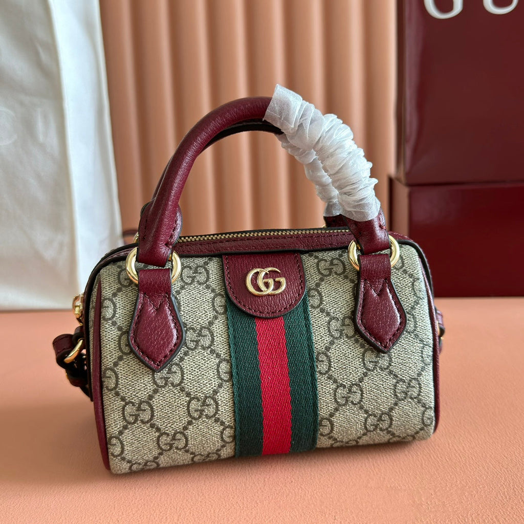 GUCCI 25S OPHIDIA MINI BOSTON TASCHE 16 AUS BEIGEM CANVAS UND ROSSO ANCORA KALBSLEDER