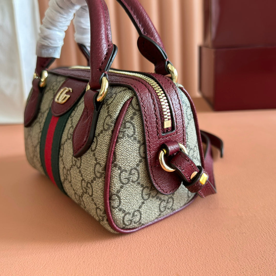 GUCCI 25S OPHIDIA MINI BOSTON TASCHE 16 AUS BEIGEM CANVAS UND ROSSO ANCORA KALBSLEDER