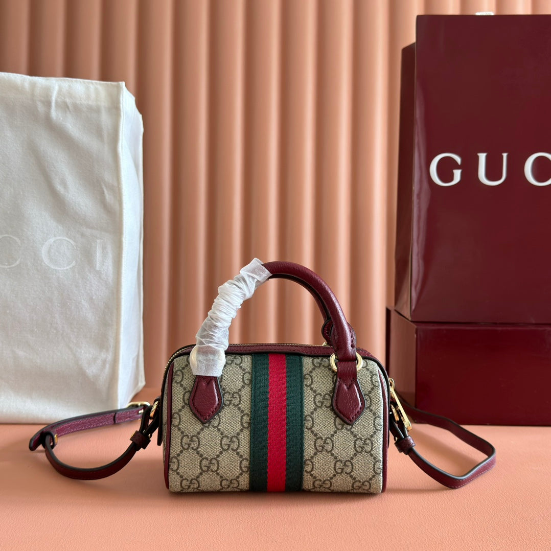 GUCCI 25S OPHIDIA MINI BOSTON TASCHE 16 AUS BEIGEM CANVAS UND ROSSO ANCORA KALBSLEDER
