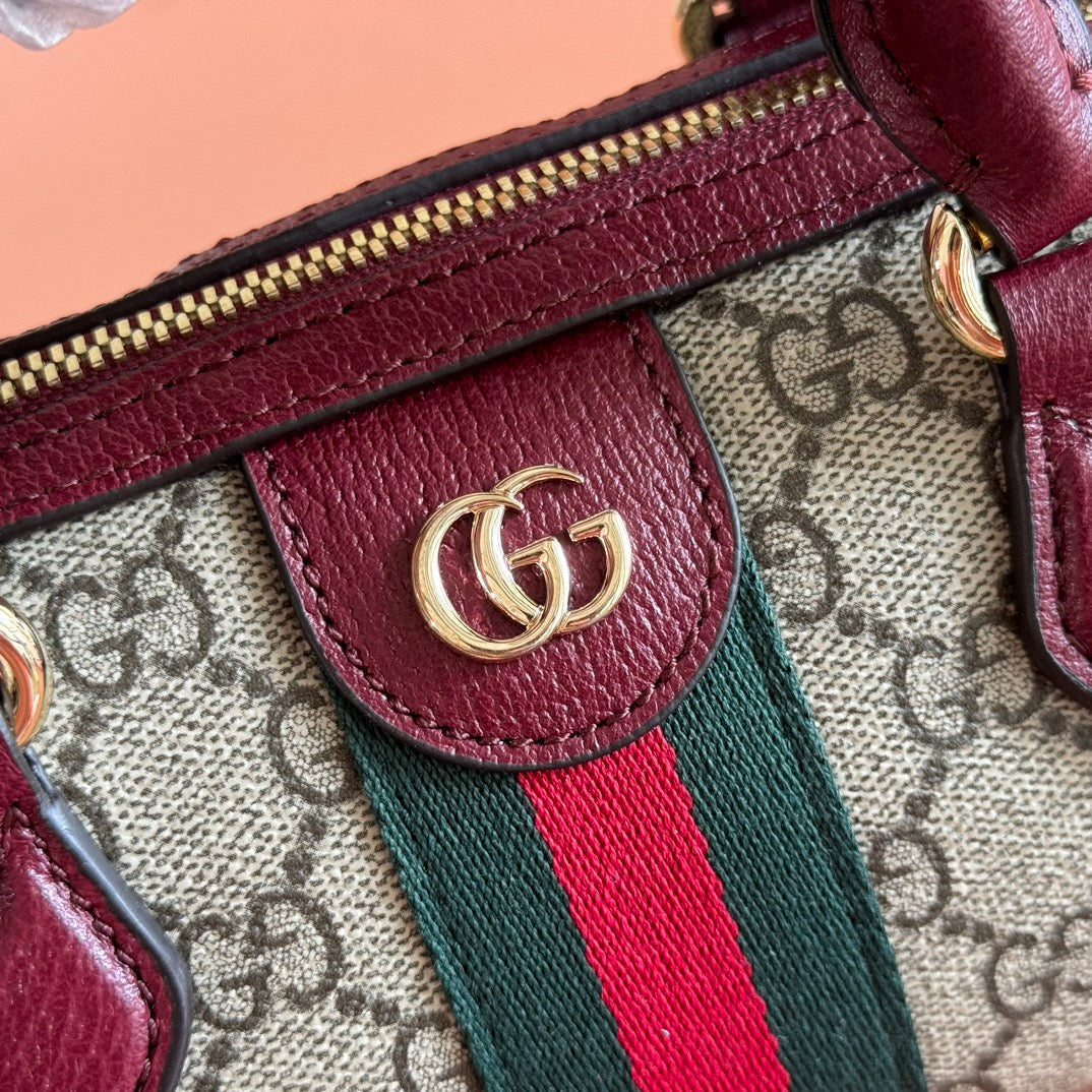 GUCCI 25S OPHIDIA MINI BOSTON TASCHE 16 AUS BEIGEM CANVAS UND ROSSO ANCORA KALBSLEDER