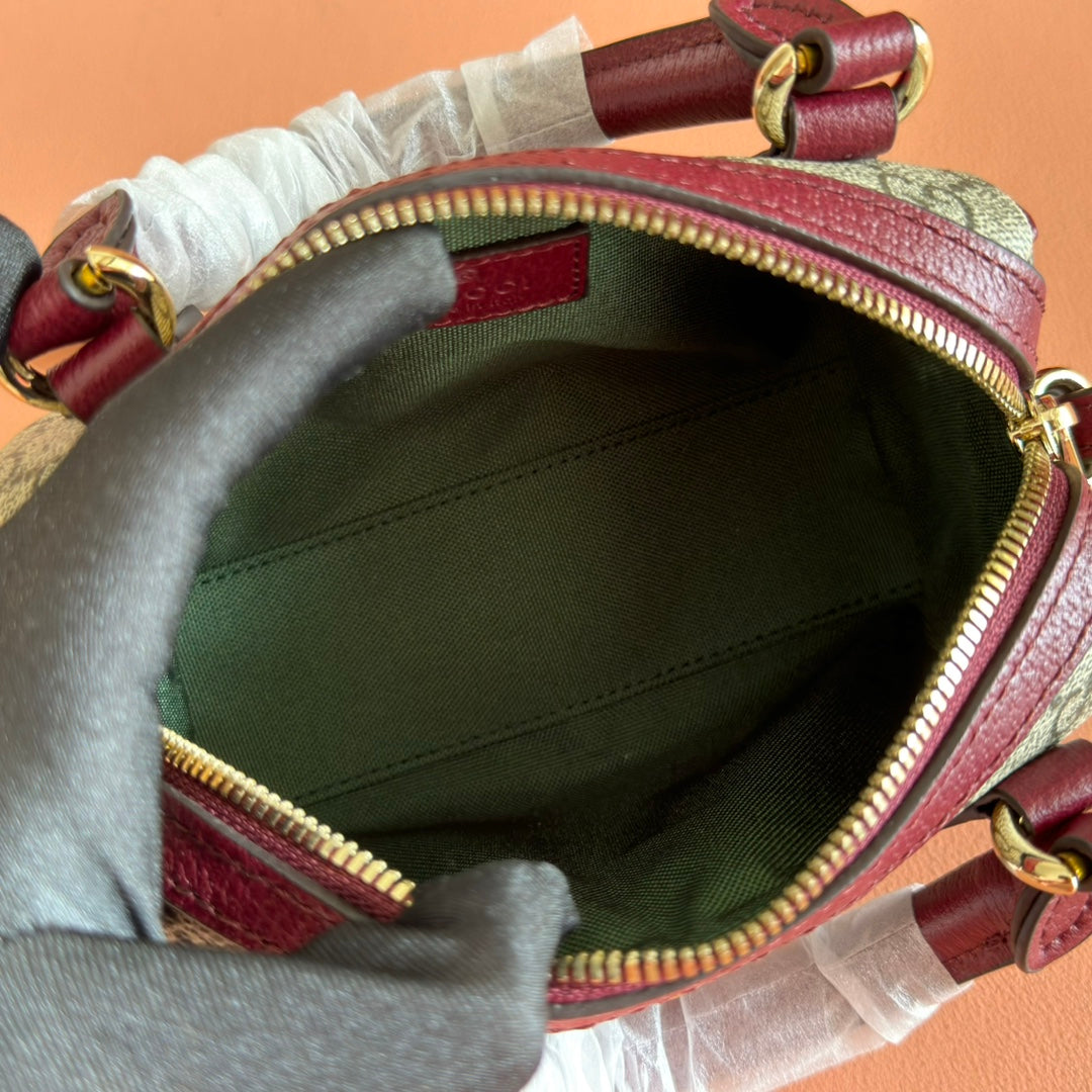 GUCCI 25S OPHIDIA MINI BOSTON TASCHE 16 AUS BEIGEM CANVAS UND ROSSO ANCORA KALBSLEDER