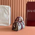 GUCCI 25S OPHIDIA MINI BOSTON TASCHE 16 AUS BEIGEM CANVAS UND ROSSO ANCORA KALBSLEDER