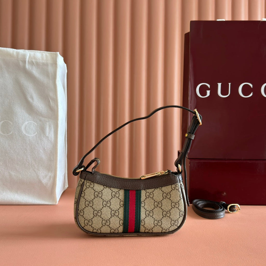 GUCCI 25S OPHIDIA SMALL SHOULDER BAG 19 IN BEIGE CANVAS AND BROWN CALFSKIN