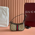 GUCCI 25S OPHIDIA SMALL SHOULDER BAG 19 IN BEIGE CANVAS AND BROWN CALFSKIN