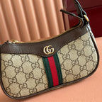 GUCCI 25S OPHIDIA SMALL SHOULDER BAG 19 IN BEIGE CANVAS AND BROWN CALFSKIN