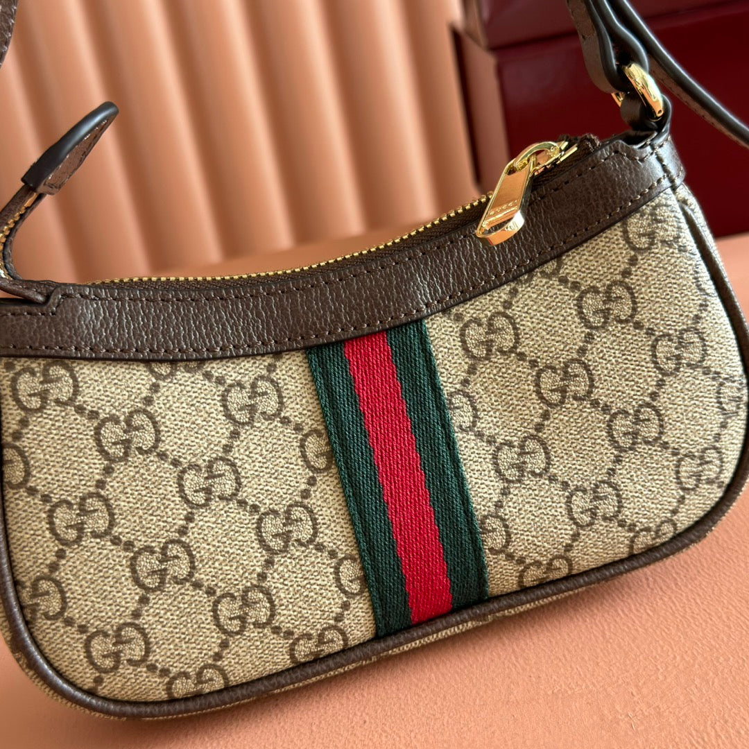 GUCCI 25S OPHIDIA KLEINE SCHULTERTASCHE 19 IN BEIGEM CANVAS UND BRAUNEM KALBSLEDER