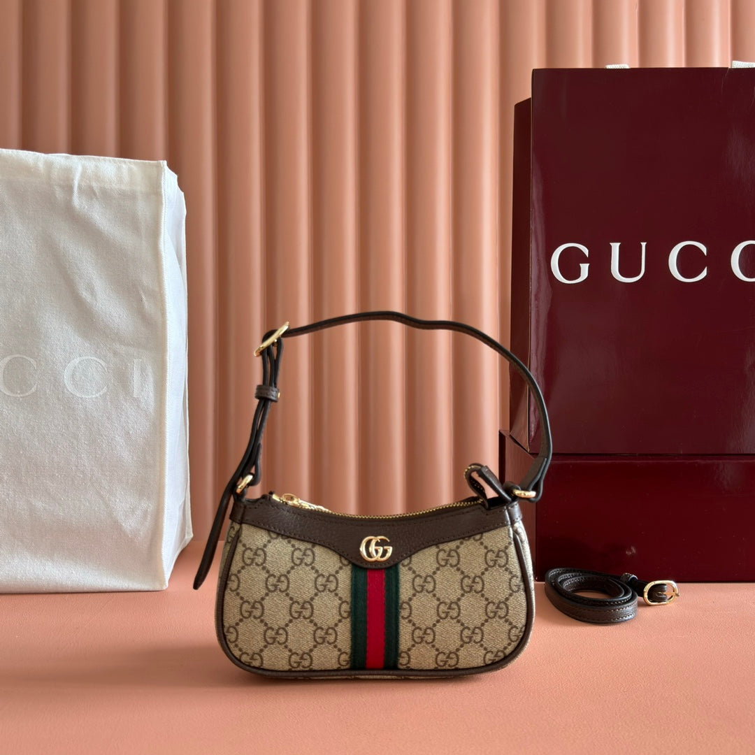 GUCCI 25S OPHIDIA KLEINE SCHULTERTASCHE 19 IN BEIGEM CANVAS UND BRAUNEM KALBSLEDER