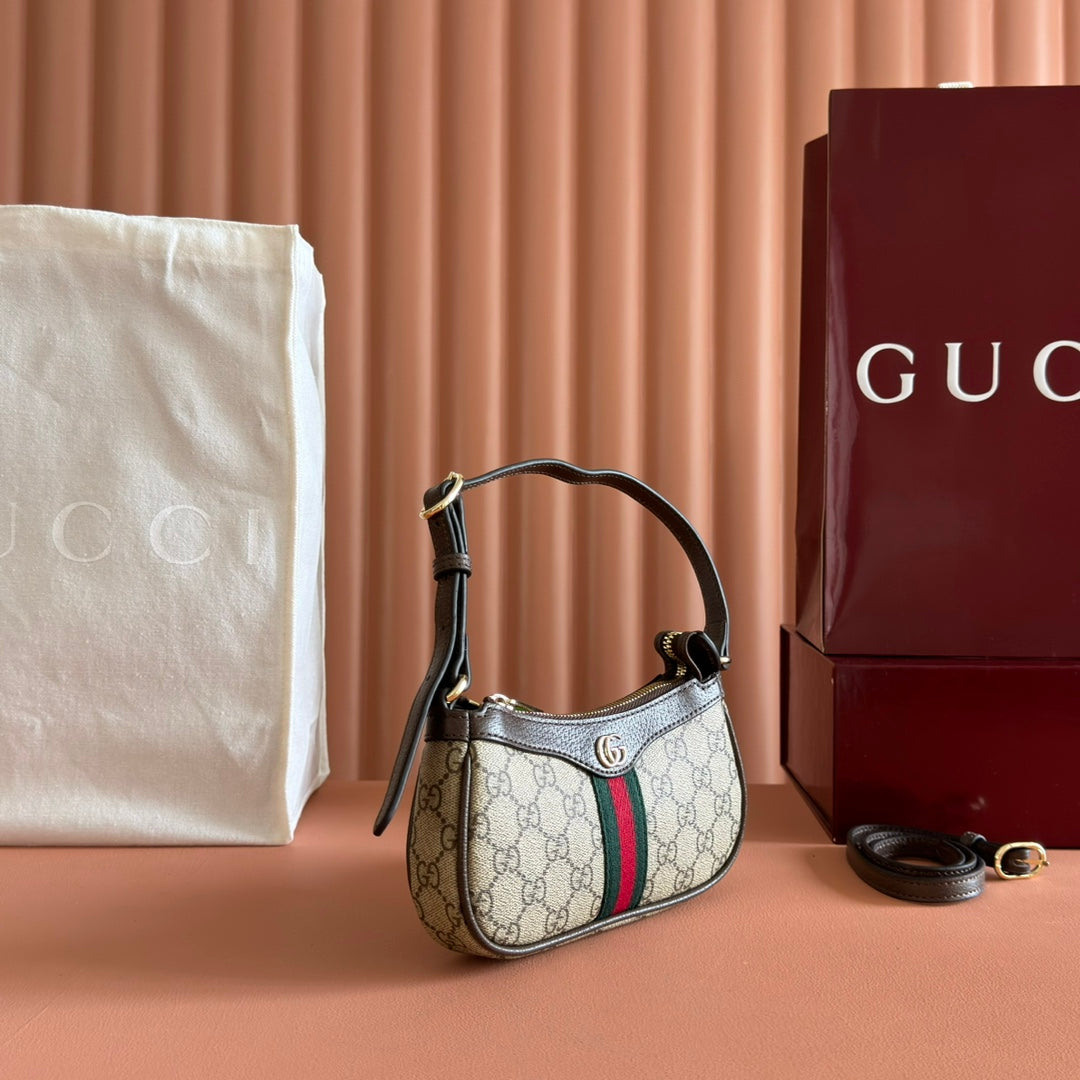 GUCCI 25S OPHIDIA KLEINE SCHULTERTASCHE 19 IN BEIGEM CANVAS UND BRAUNEM KALBSLEDER