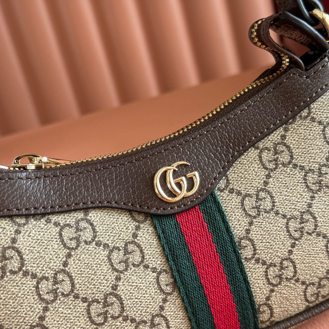 GUCCI 25S OPHIDIA KLEINE SCHULTERTASCHE 19 IN BEIGEM CANVAS UND BRAUNEM KALBSLEDER