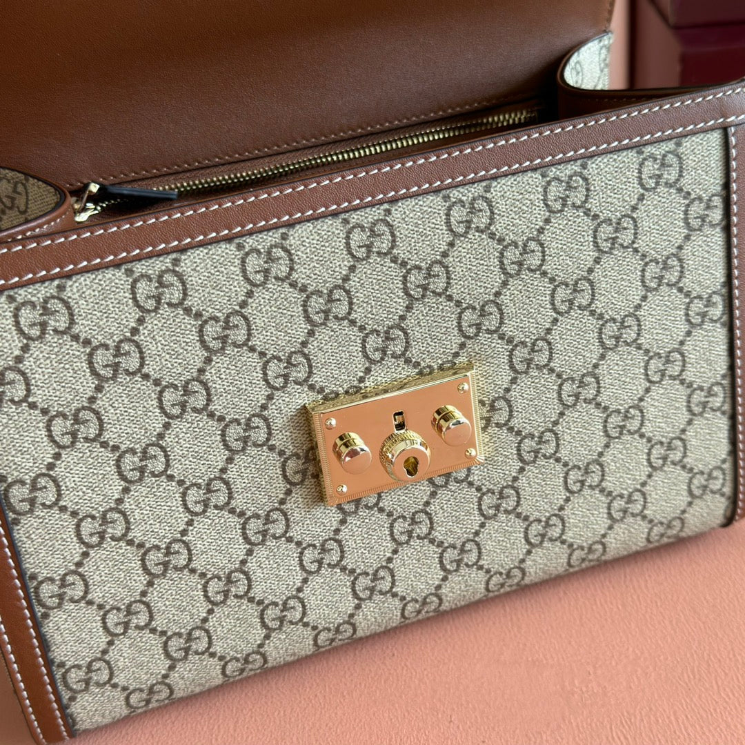 GUCCI 25S Vorhängeschlosstasche 26 Zoll in beigem Canvas und braunem Kalbsleder