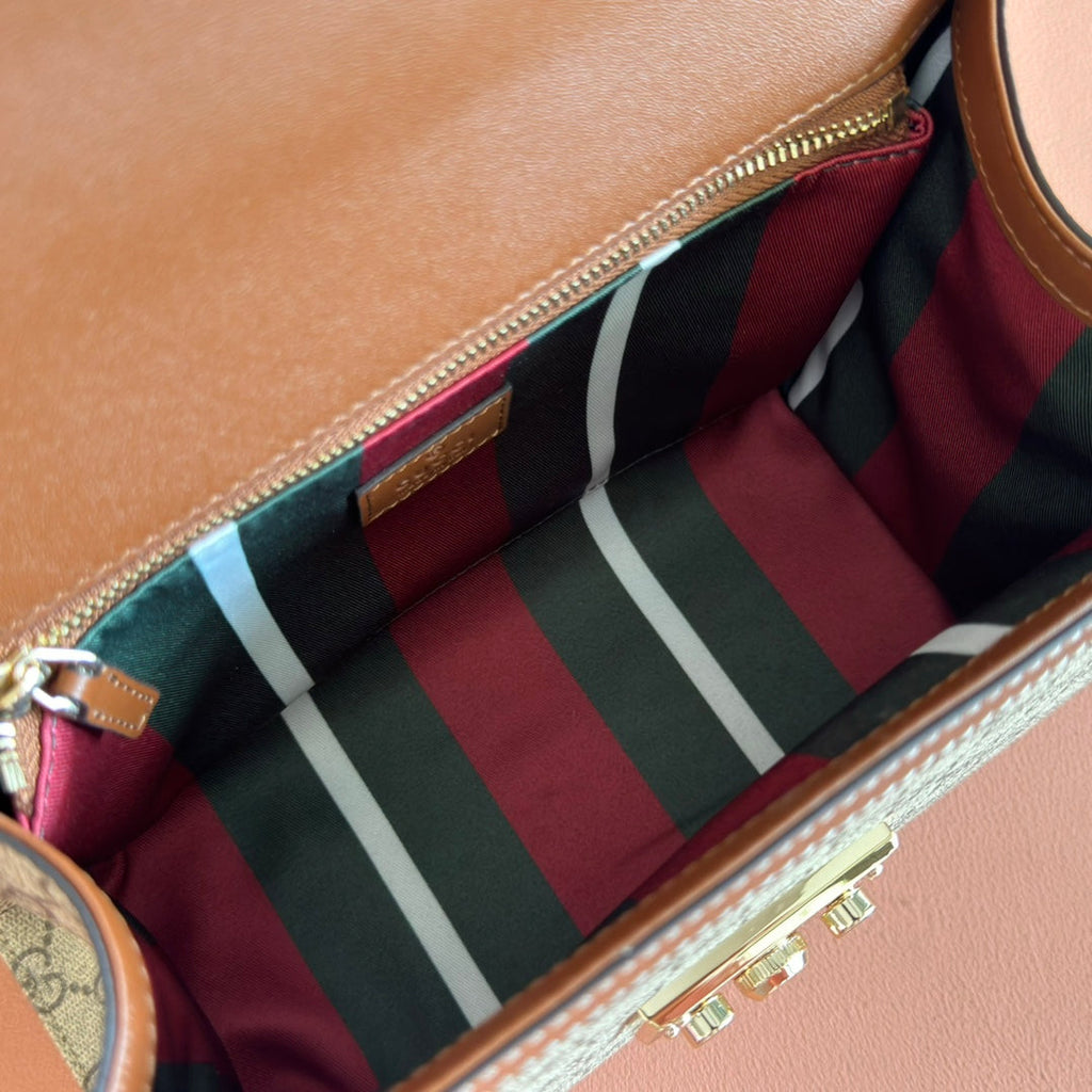 GUCCI 25S Vorhängeschlosstasche 26 Zoll in beigem Canvas und braunem Kalbsleder