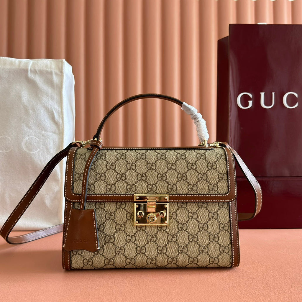 GUCCI 25S Vorhängeschlosstasche 26 Zoll in beigem Canvas und braunem Kalbsleder