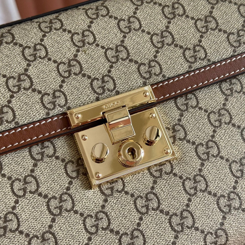 GUCCI 25S Vorhängeschlosstasche 26 Zoll in beigem Canvas und braunem Kalbsleder