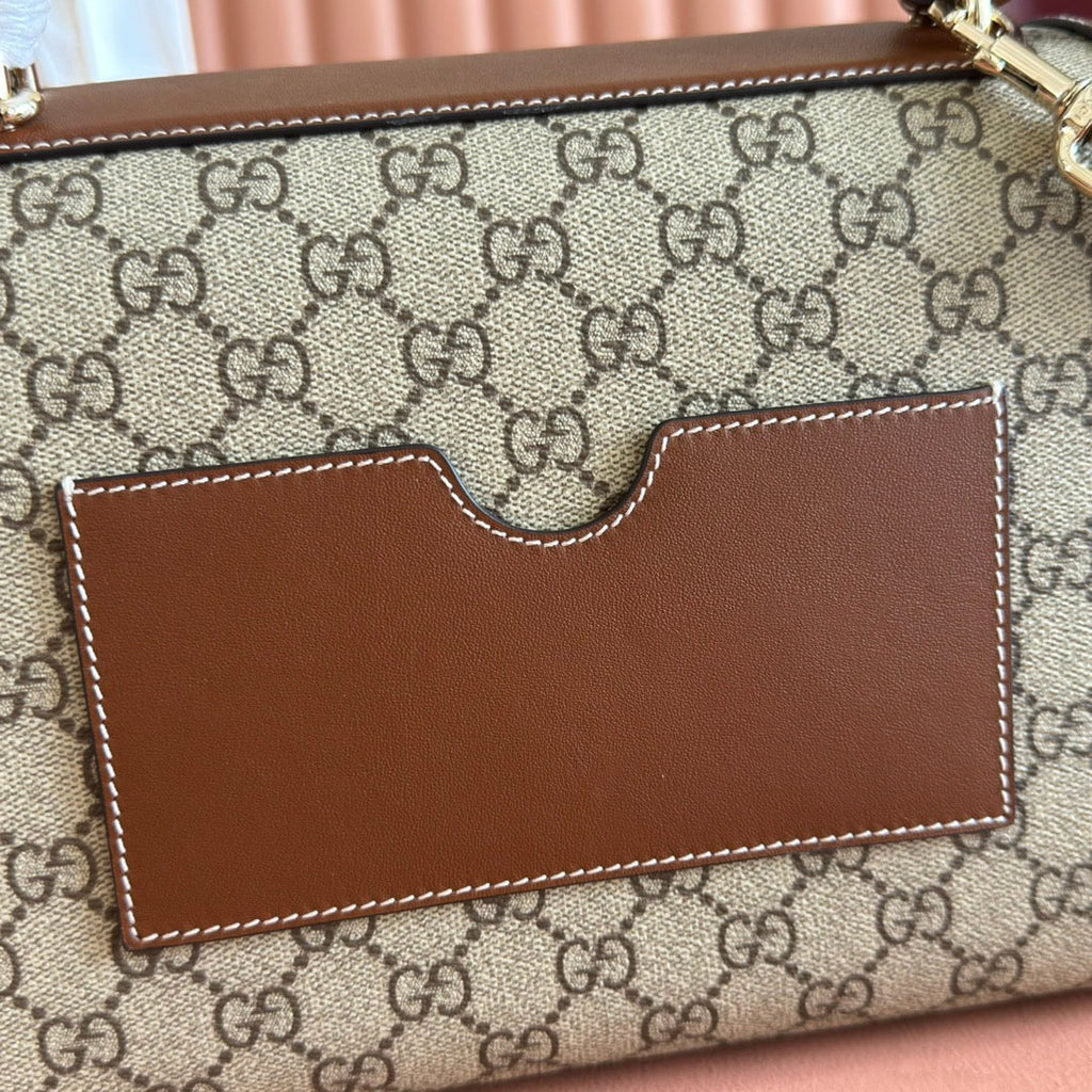 GUCCI 25S Vorhängeschlosstasche 26 Zoll in beigem Canvas und braunem Kalbsleder