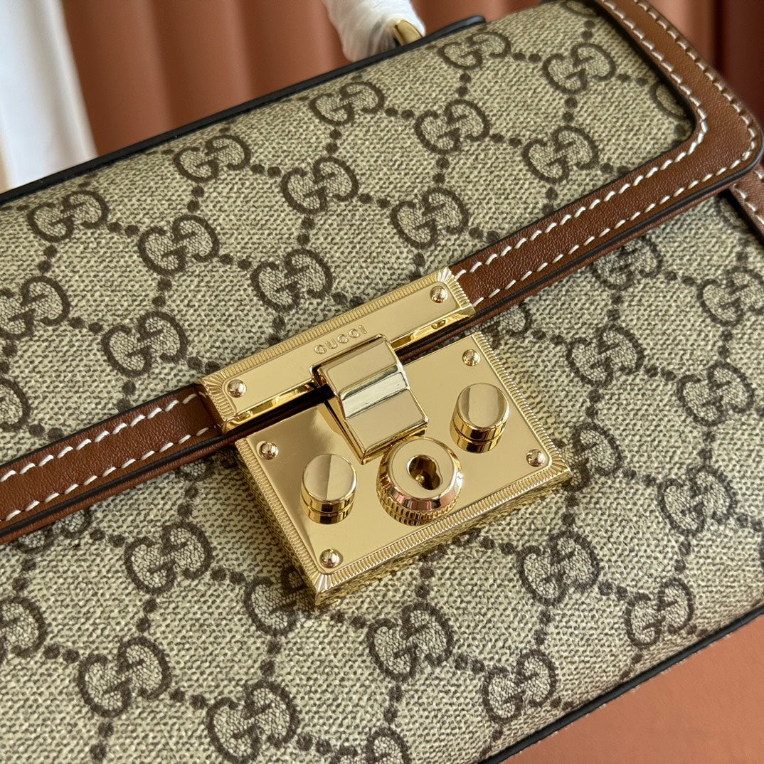GUCCI 25S Vorhängeschlosstasche 20 Zoll in beigem Canvas und braunem Kalbsleder