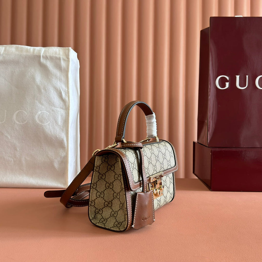 GUCCI 25S Vorhängeschlosstasche 20 Zoll in beigem Canvas und braunem Kalbsleder