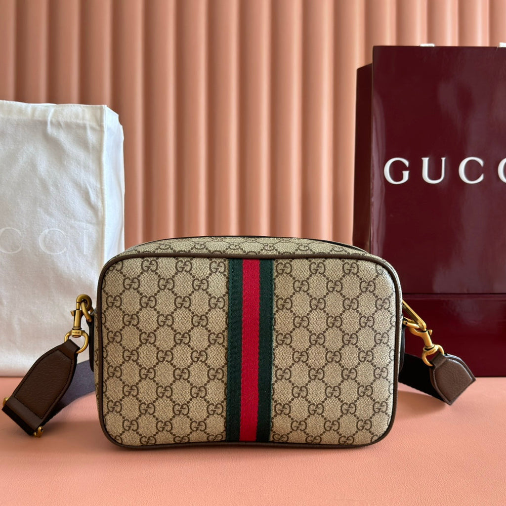 GUCCI 25S OPHIDIA CROSSBODY-TASCHE 28 IN BEIGE CANVAS UND BRAUNEM KALBSLEDER