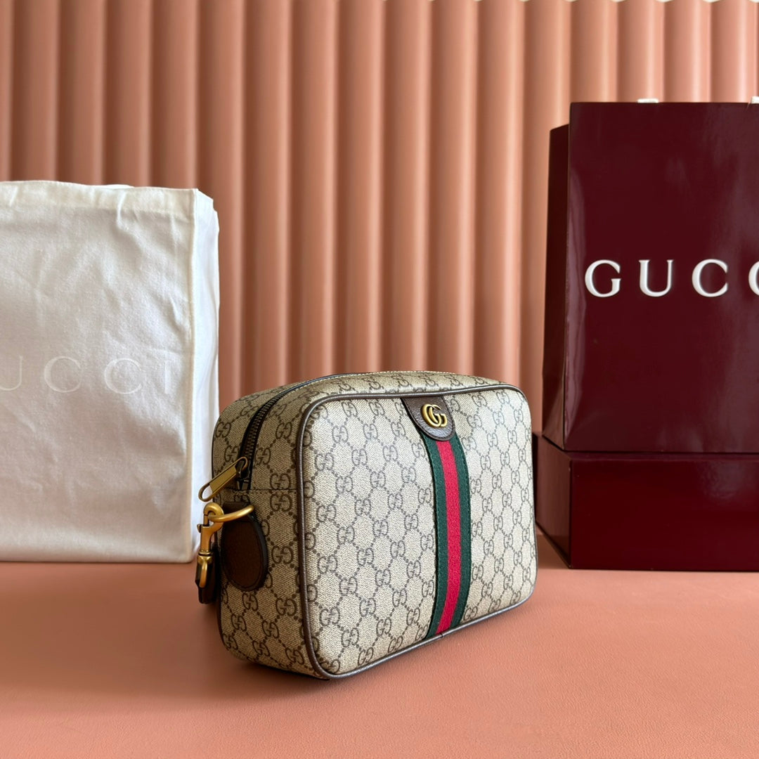 GUCCI 25S OPHIDIA CROSSBODY-TASCHE 28 IN BEIGE CANVAS UND BRAUNEM KALBSLEDER
