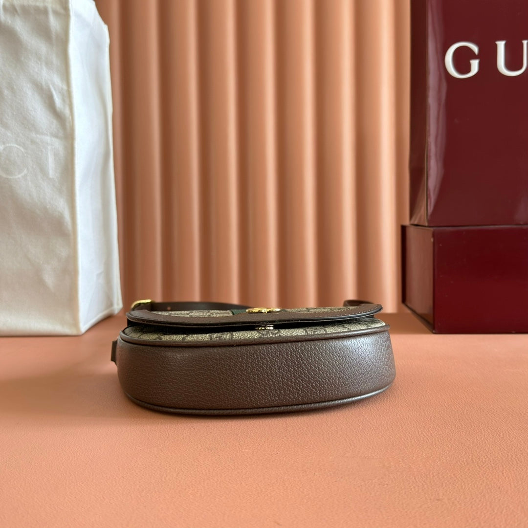 GUCCI 25S OPHIDIA MINI-TASCHE 20 IN DUNKELBEIGEM CANVAS UND BRAUNEM KALBSLEDER