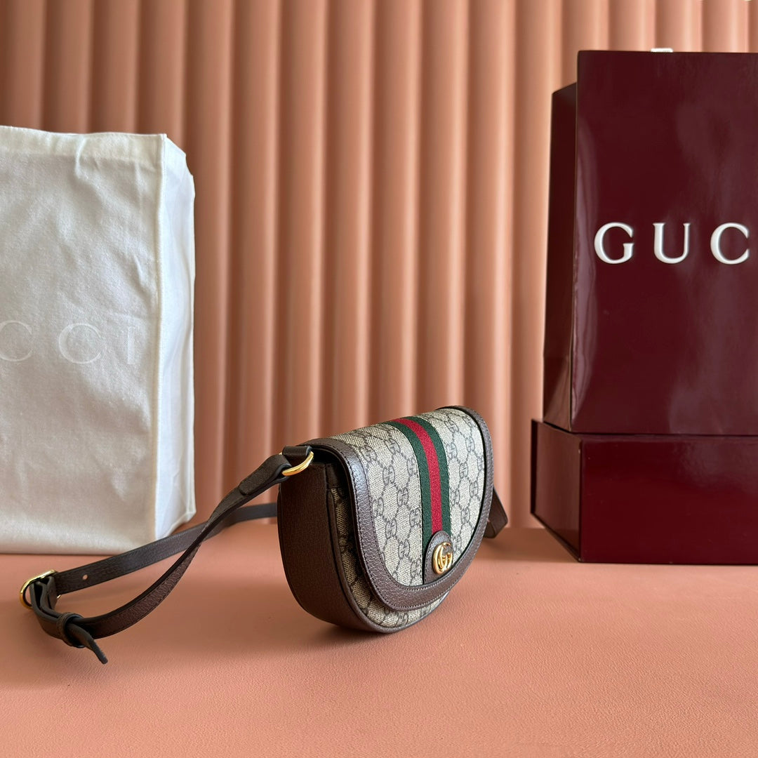 GUCCI 25S OPHIDIA MINI-TASCHE 20 IN DUNKELBEIGEM CANVAS UND BRAUNEM KALBSLEDER