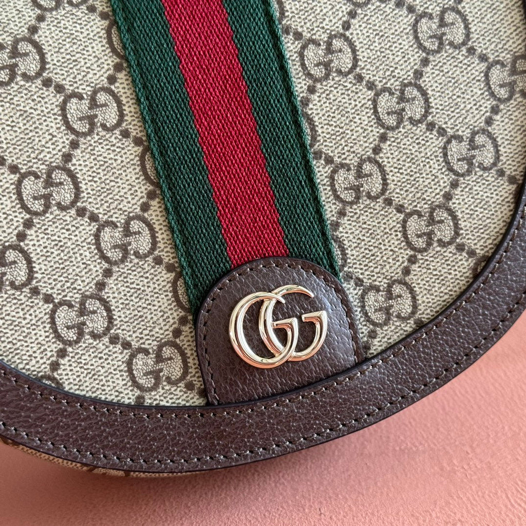 GUCCI 25S OPHIDIA MINI-TASCHE 20 IN BEIGEM CANVAS UND BRAUNEM KALBSLEDER