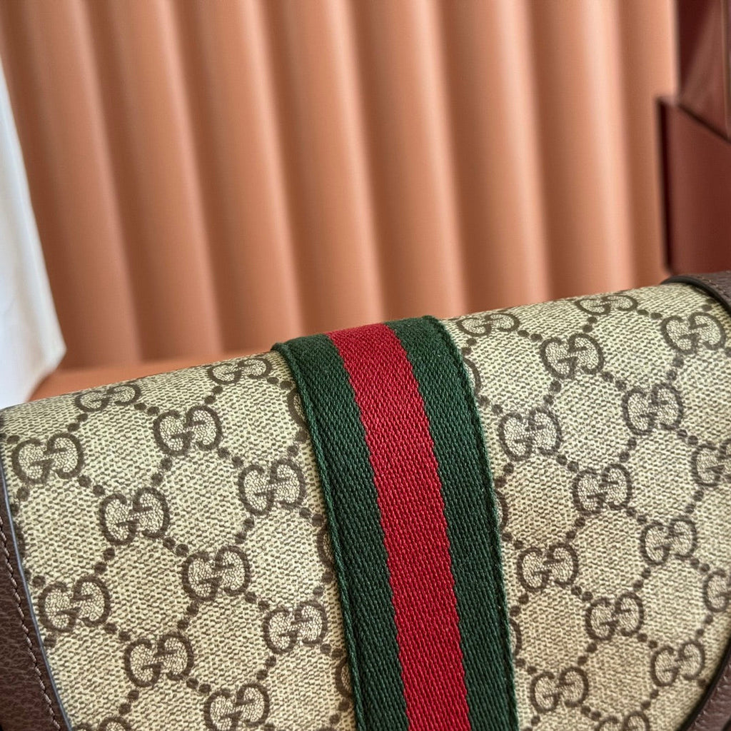 GUCCI 25S OPHIDIA MINI-TASCHE 20 IN BEIGEM CANVAS UND BRAUNEM KALBSLEDER