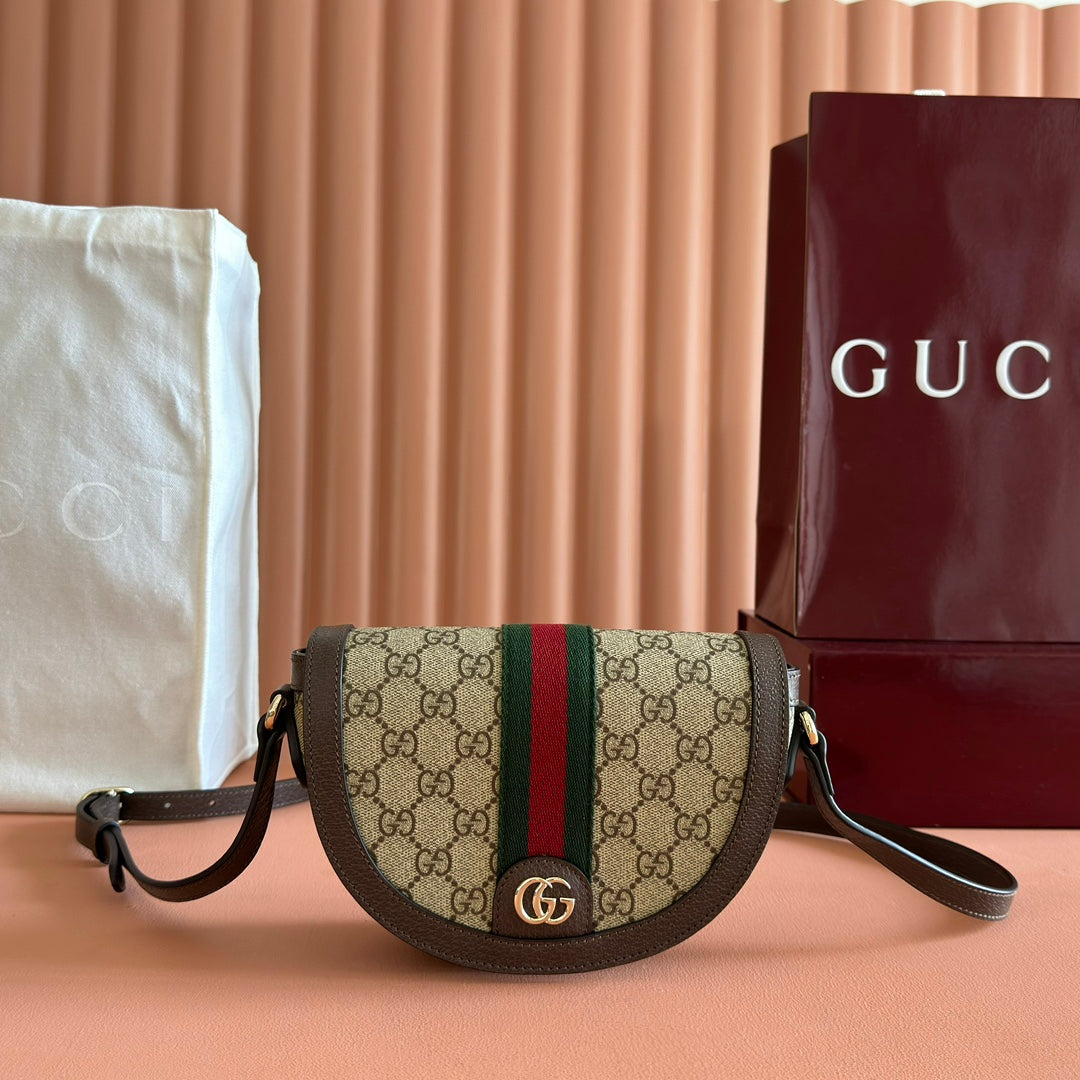 GUCCI 25S OPHIDIA MINI-TASCHE 20 IN BEIGEM CANVAS UND BRAUNEM KALBSLEDER