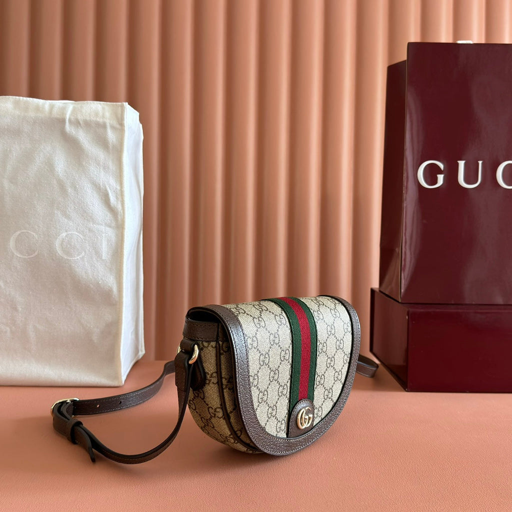GUCCI 25S OPHIDIA MINI-TASCHE 20 IN BEIGEM CANVAS UND BRAUNEM KALBSLEDER