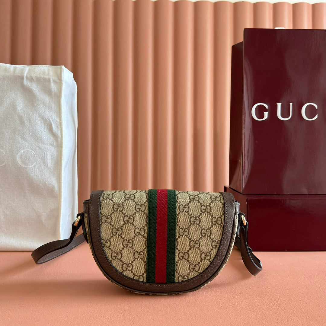 GUCCI 25S OPHIDIA MINI-TASCHE 20 IN BEIGEM CANVAS UND BRAUNEM KALBSLEDER