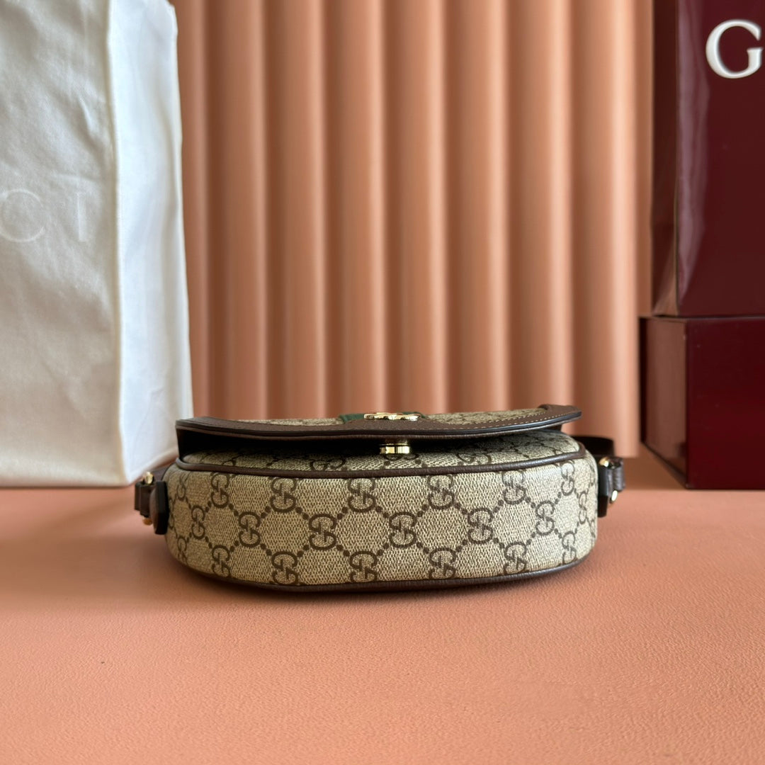 GUCCI 25S OPHIDIA MINI-TASCHE 20 IN BEIGEM CANVAS UND BRAUNEM KALBSLEDER
