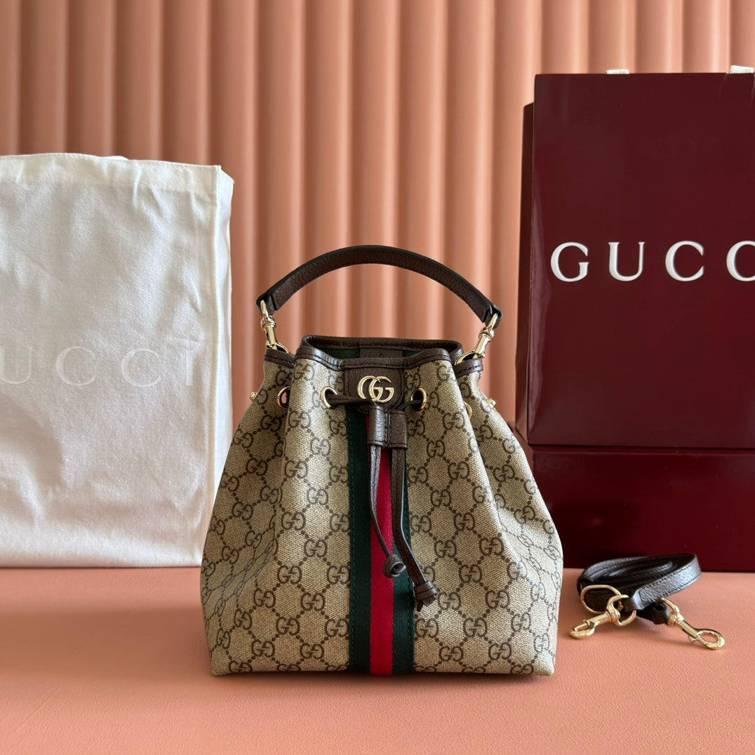 GUCCI 25S OPHIDIA KLEINE ETIKETT-TASCHE 22 IN BEIGE CANVAS UND BRAUNES KALBSLEDER