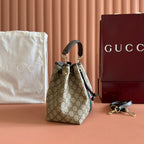 GUCCI 25S OPHIDIA KLEINE ETIKETT-TASCHE 22 IN BEIGE CANVAS UND BRAUNES KALBSLEDER