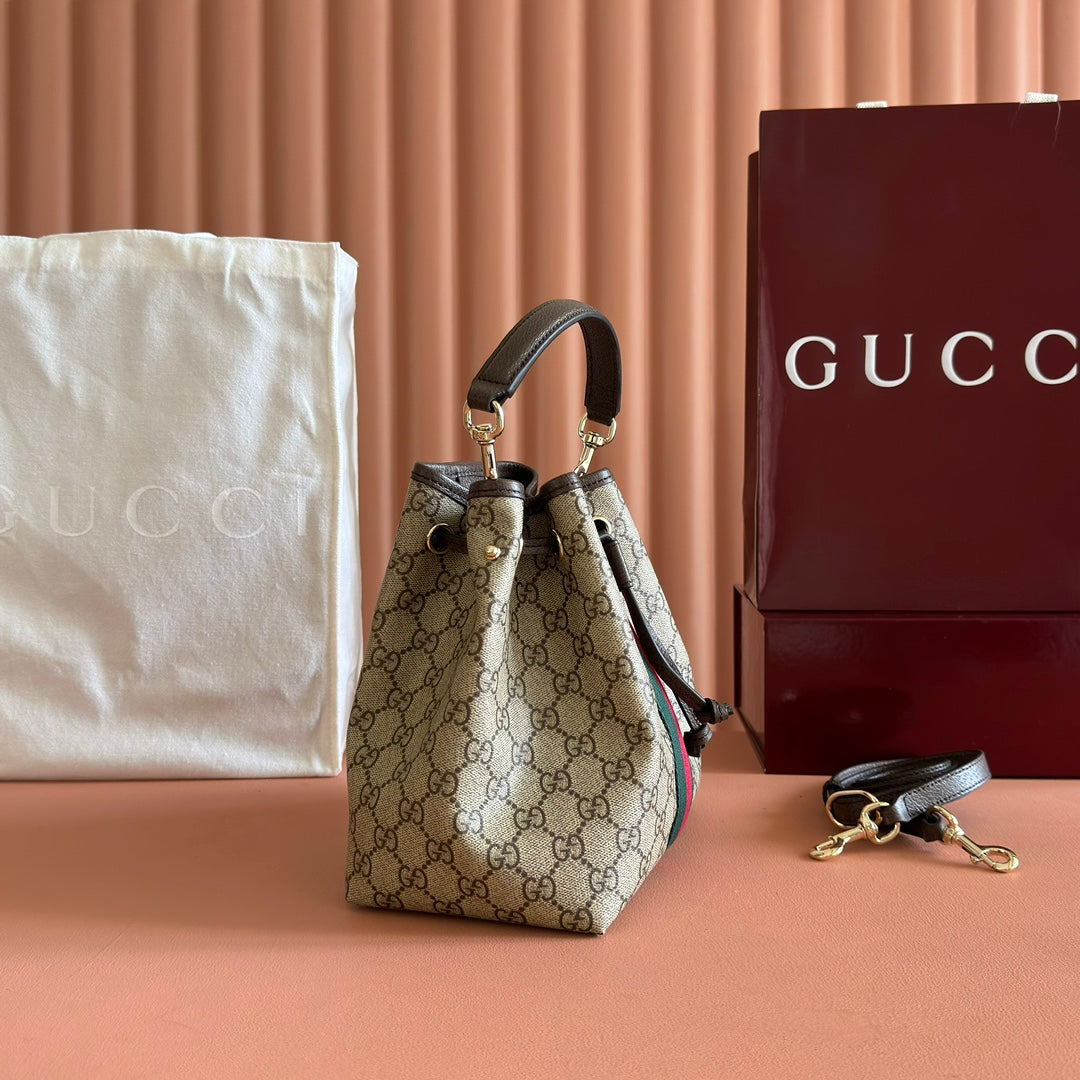 GUCCI 25S OPHIDIA KLEINE ETIKETT-TASCHE 22 IN BEIGE CANVAS UND BRAUNES KALBSLEDER