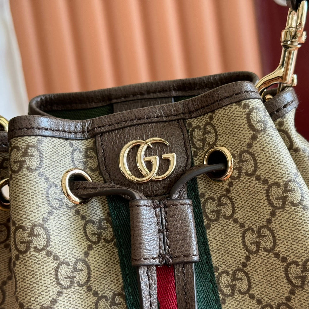 GUCCI 25S OPHIDIA KLEINE ETIKETT-TASCHE 22 IN BEIGE CANVAS UND BRAUNES KALBSLEDER