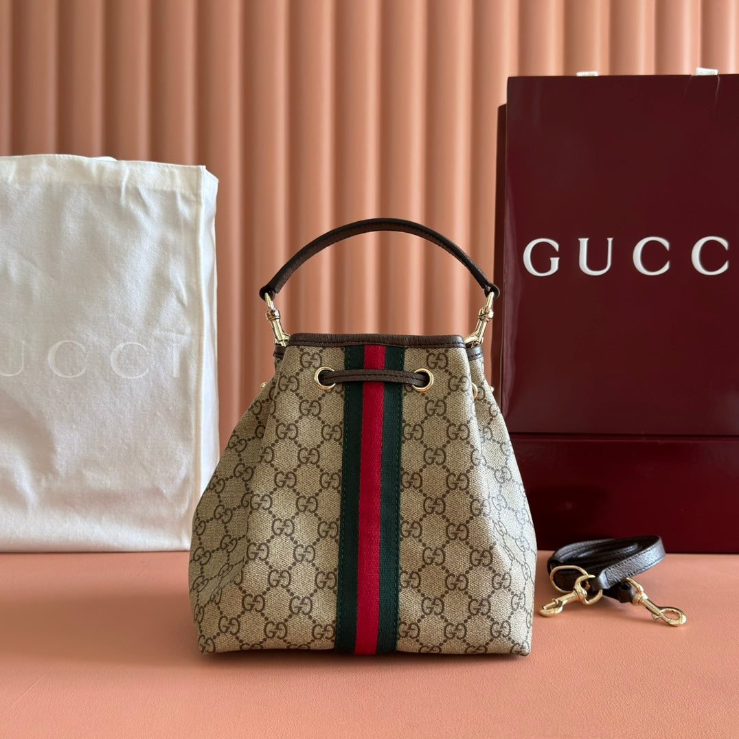 GUCCI 25S OPHIDIA KLEINE ETIKETT-TASCHE 22 IN BEIGE CANVAS UND BRAUNES KALBSLEDER