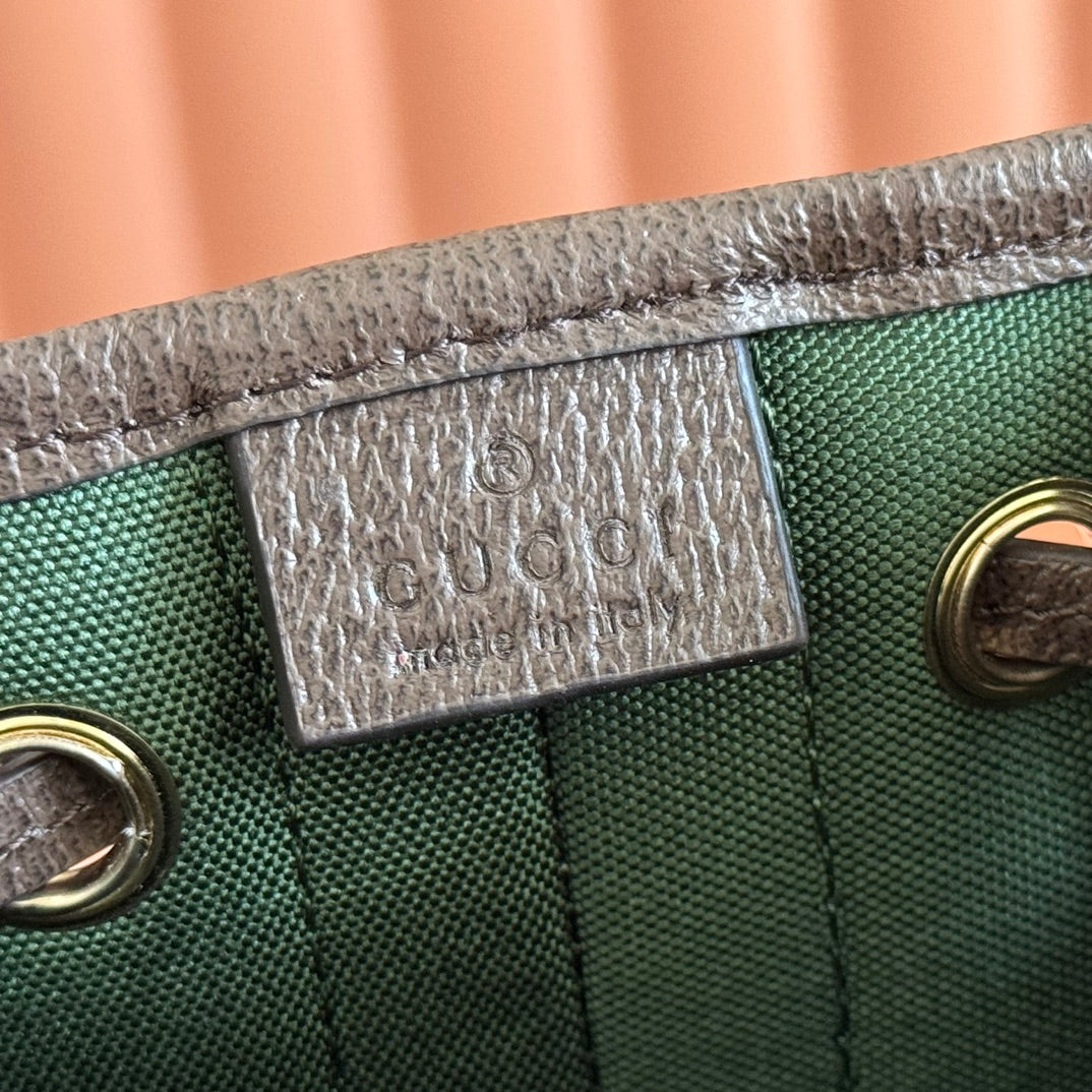 GUCCI 25S OPHIDIA KLEINE ETIKETT-TASCHE 22 IN BEIGE CANVAS UND BRAUNES KALBSLEDER