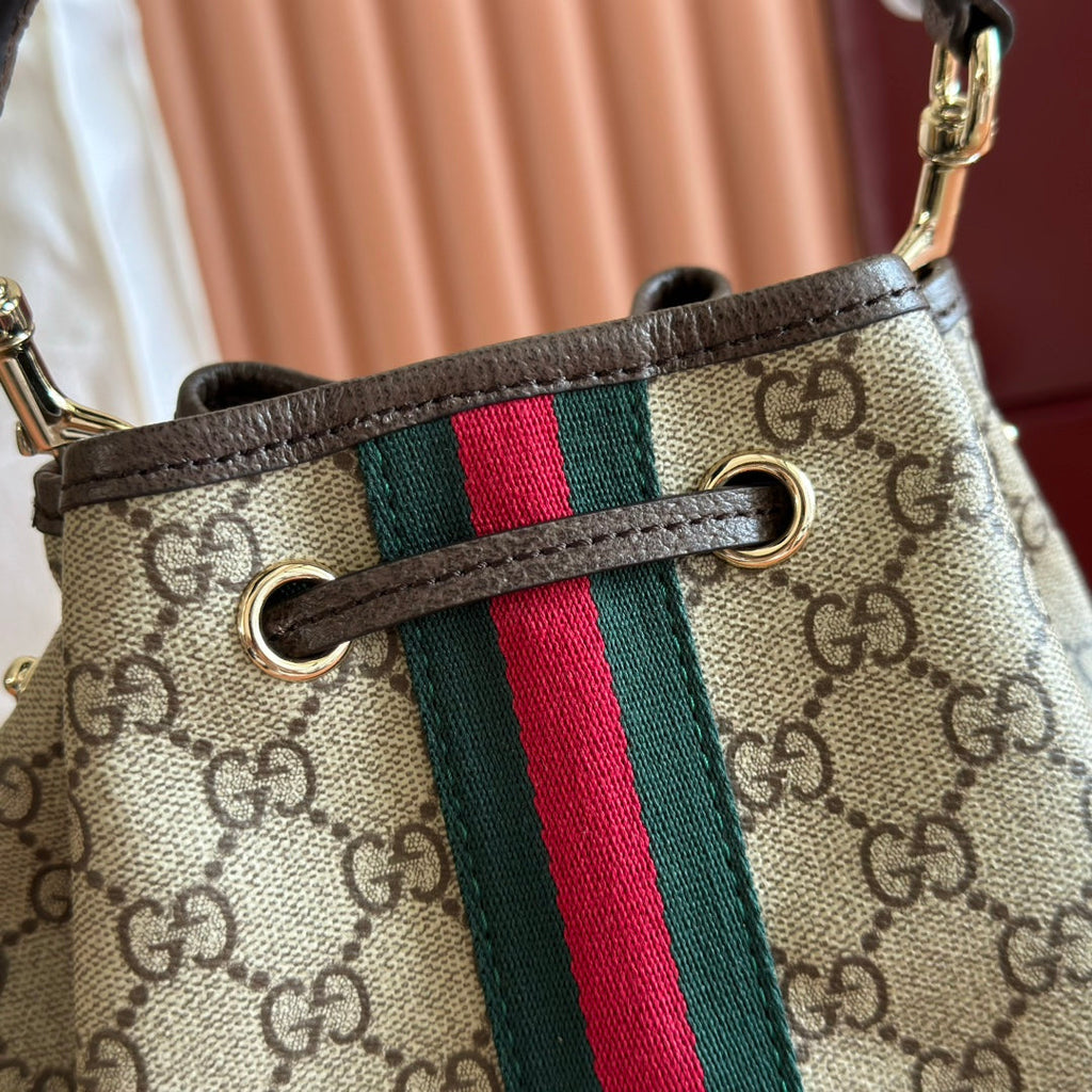 GUCCI 25S OPHIDIA KLEINE ETIKETT-TASCHE 22 IN BEIGE CANVAS UND BRAUNES KALBSLEDER