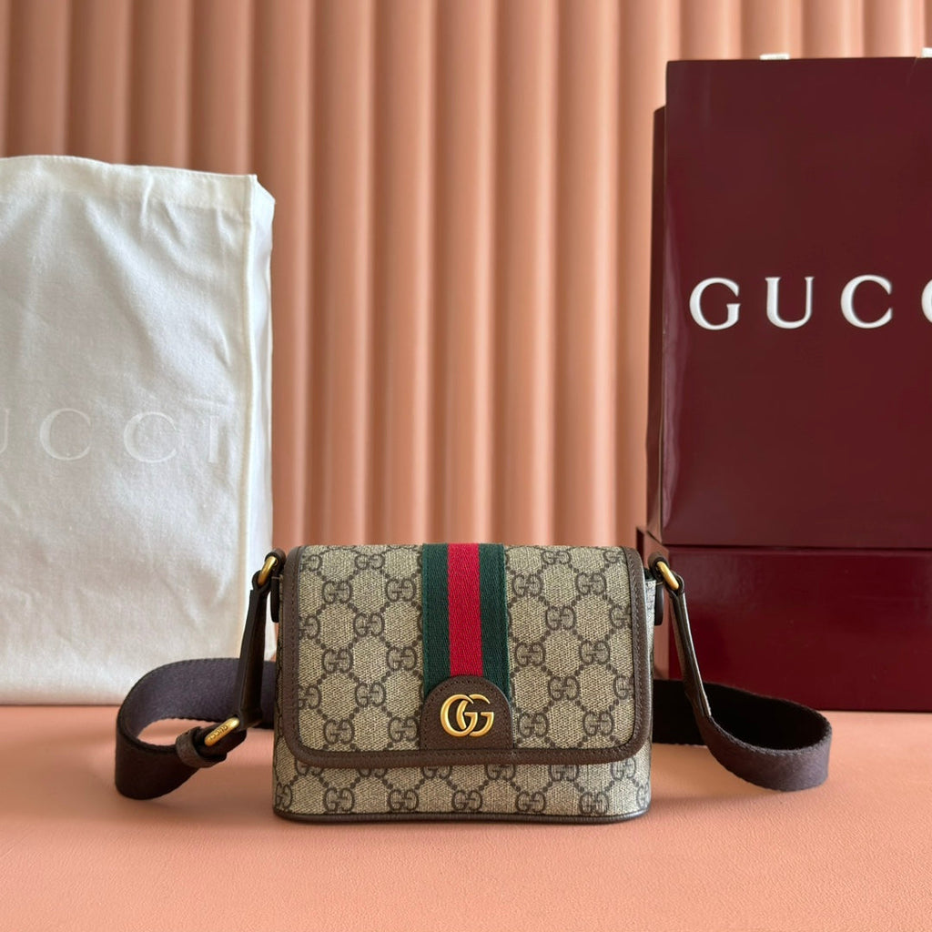 GUCCI 25S OPHIDIA TASCHE 18 IN BEIGE CANVAS UND BRAUNEM KALBSLEDER GOLDENE BESCHLÄGE