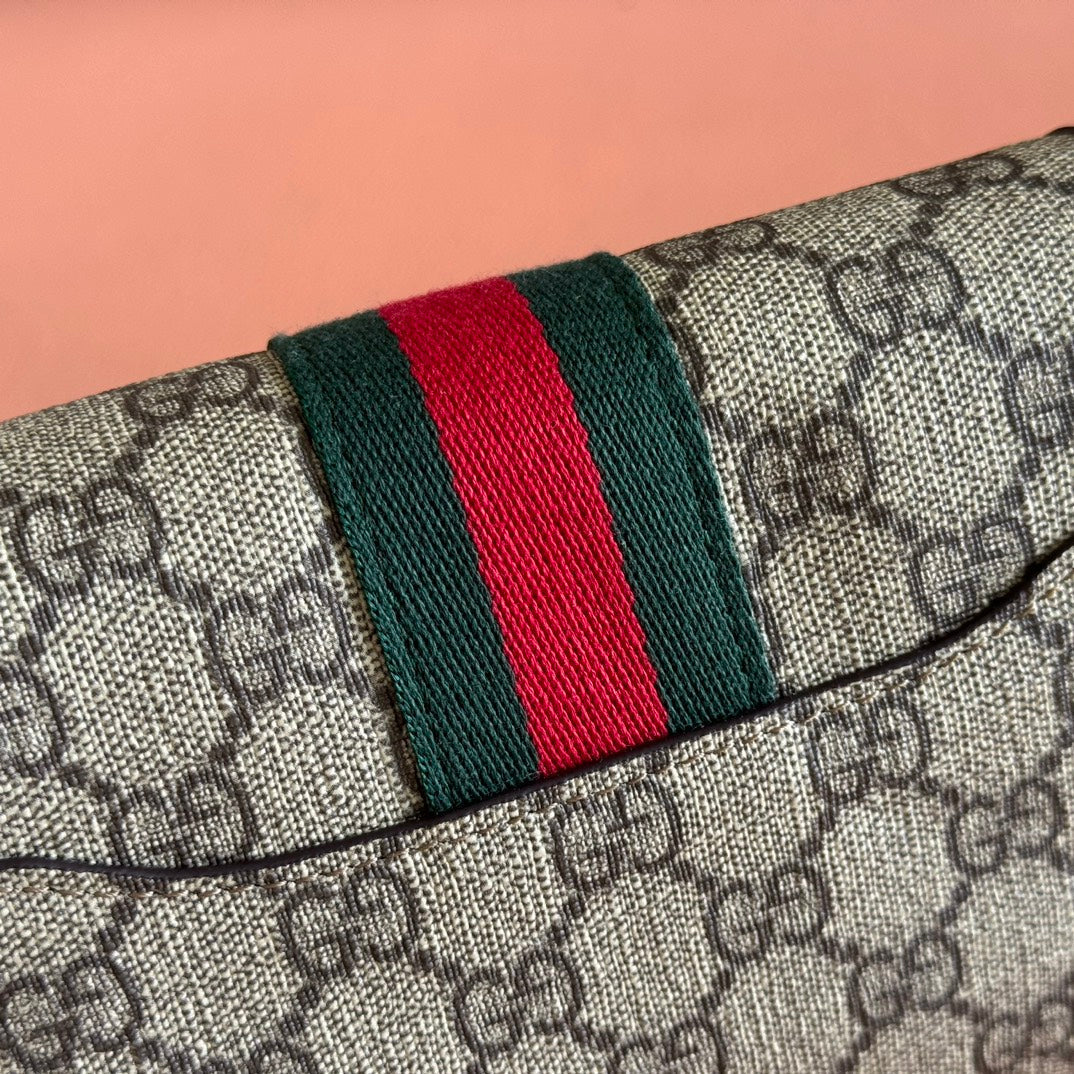 GUCCI 25S OPHIDIA TASCHE 18 IN BEIGE CANVAS UND BRAUNEM KALBSLEDER GOLDENE BESCHLÄGE