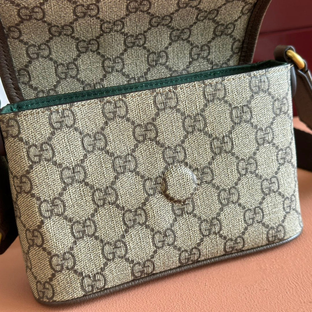 GUCCI 25S OPHIDIA TASCHE 18 IN BEIGE CANVAS UND BRAUNEM KALBSLEDER GOLDENE BESCHLÄGE