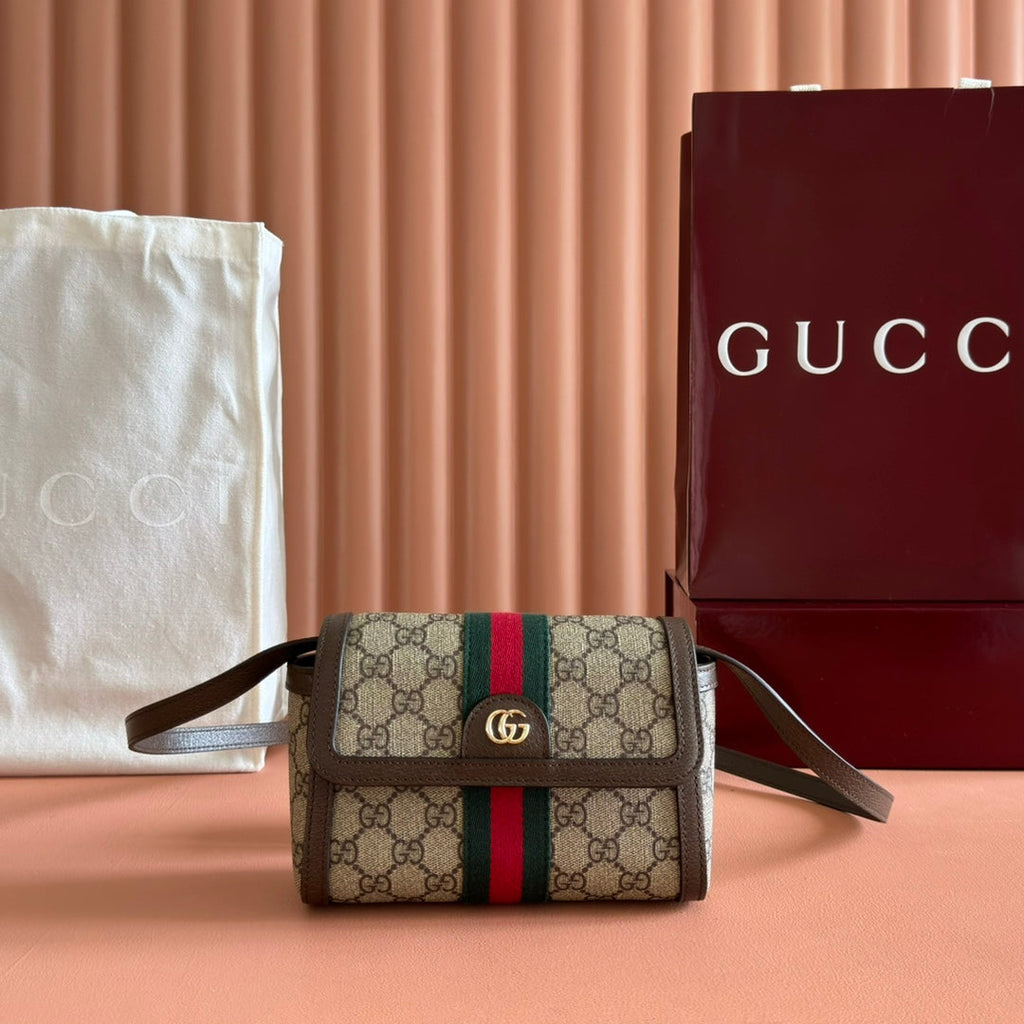 GUCCI 25S OPHIDIA TASCHE 18 IN BEIGE CANVAS UND BRAUNEM KALBSLEDER SILBERNE BESCHLÄGE