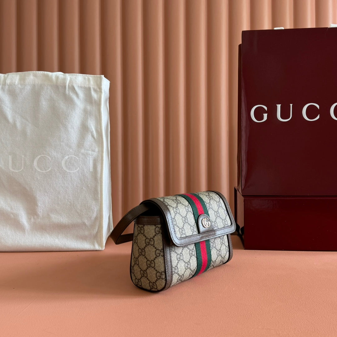 GUCCI 25S OPHIDIA TASCHE 18 IN BEIGE CANVAS UND BRAUNEM KALBSLEDER SILBERNE BESCHLÄGE