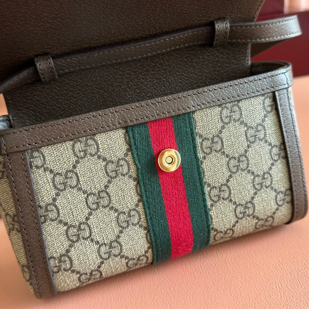 GUCCI 25S OPHIDIA TASCHE 18 IN BEIGE CANVAS UND BRAUNEM KALBSLEDER SILBERNE BESCHLÄGE