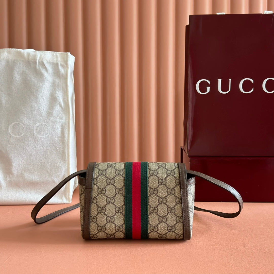 GUCCI 25S OPHIDIA TASCHE 18 IN BEIGE CANVAS UND BRAUNEM KALBSLEDER SILBERNE BESCHLÄGE