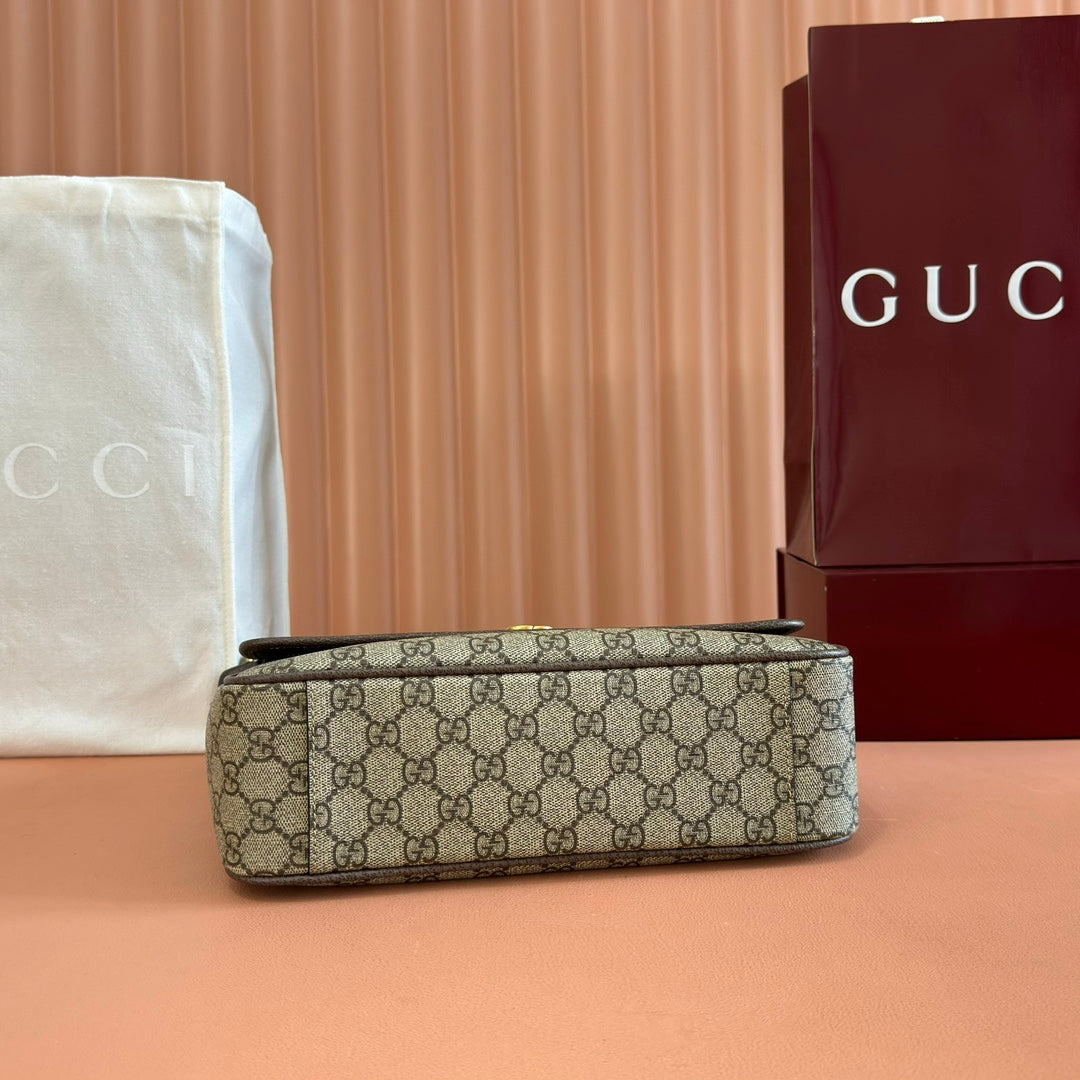 GUCCI 25S OPHIDIA MEDIUM CROSSBODY BAG 28 IN BEIGE CANVAS AND BRAUNE CALFLEDER