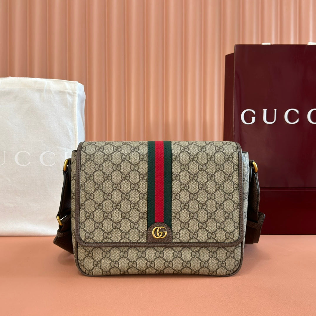 GUCCI 25S OPHIDIA MEDIUM CROSSBODY BAG 28 IN BEIGE CANVAS AND BRAUNE CALFLEDER