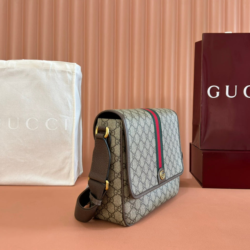 GUCCI 25S OPHIDIA MEDIUM CROSSBODY BAG 28 IN BEIGE CANVAS AND BRAUNE CALFLEDER