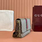 GUCCI 25S OPHIDIA MEDIUM CROSSBODY BAG 28 IN BEIGE CANVAS AND BRAUNE CALFLEDER