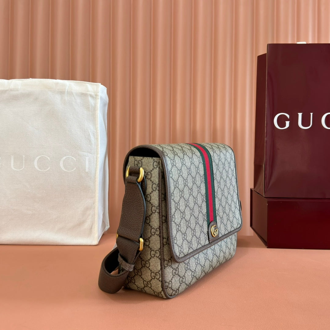 GUCCI 25S OPHIDIA MEDIUM CROSSBODY BAG 28 IN BEIGE CANVAS AND BRAUNE CALFLEDER